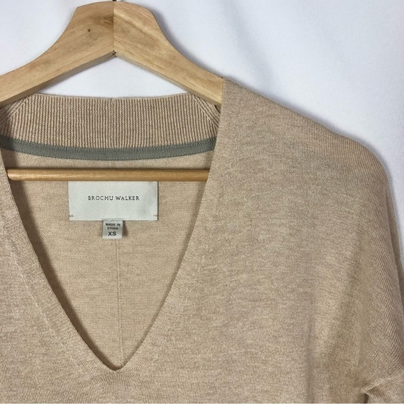 Brochu Walker Light Tan V-Neck Silk Cotton Knit Sweater XS - Picture 3 of 5